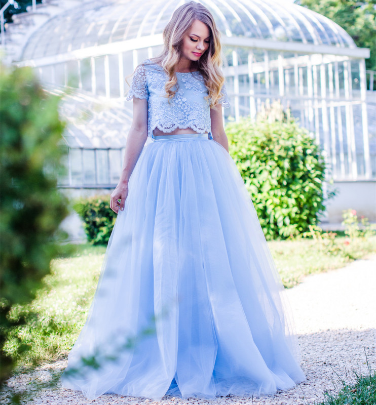 2 Pieces Blue Lace Tulle  Prom Dress Wedding Dress