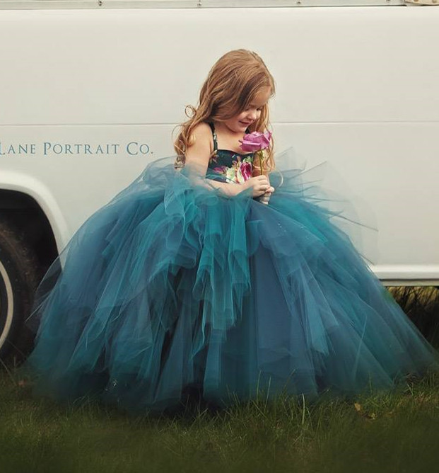 Teal Tulle Full Length Pageant Girls Party Dress Flower Girl Dress