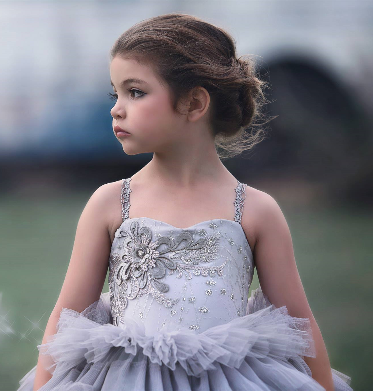 Grey Lace Tulle  Flower Girl Dress