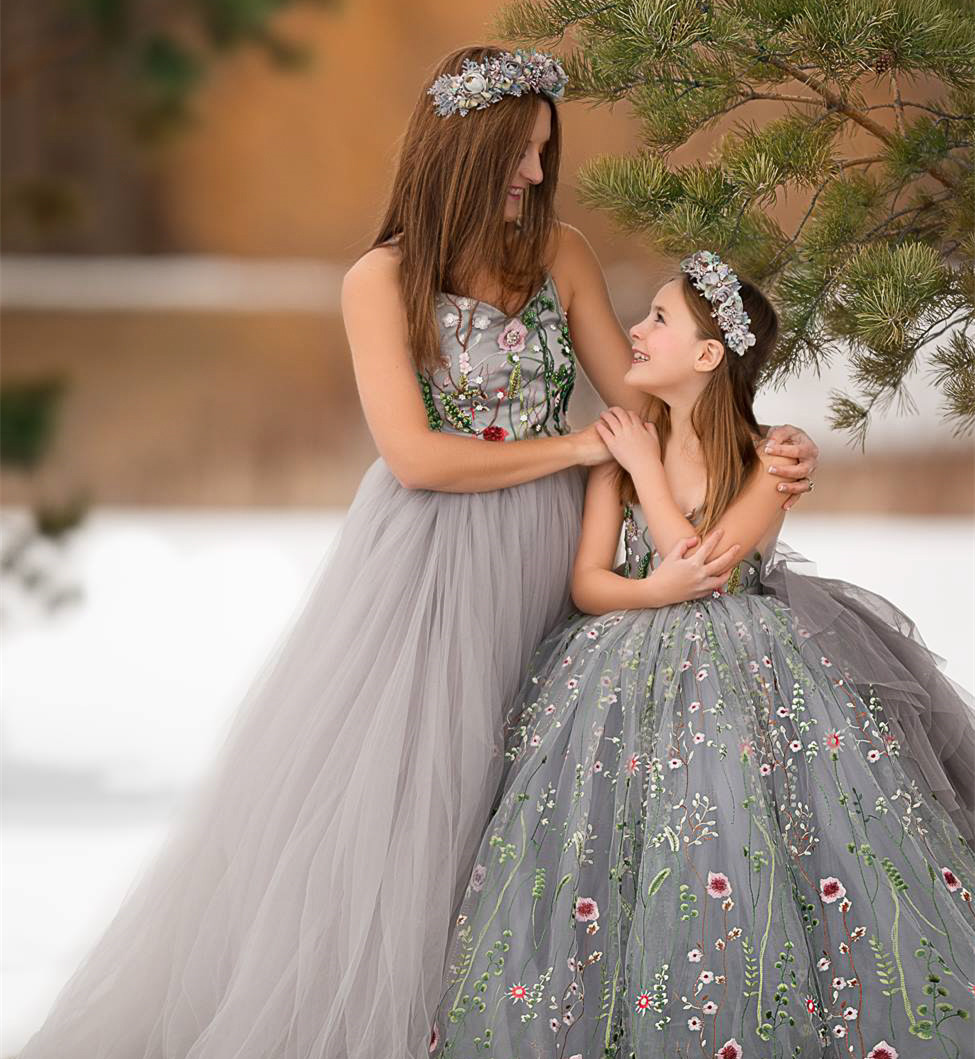 Grey Blue Mother And Kids Dress Prom Dress