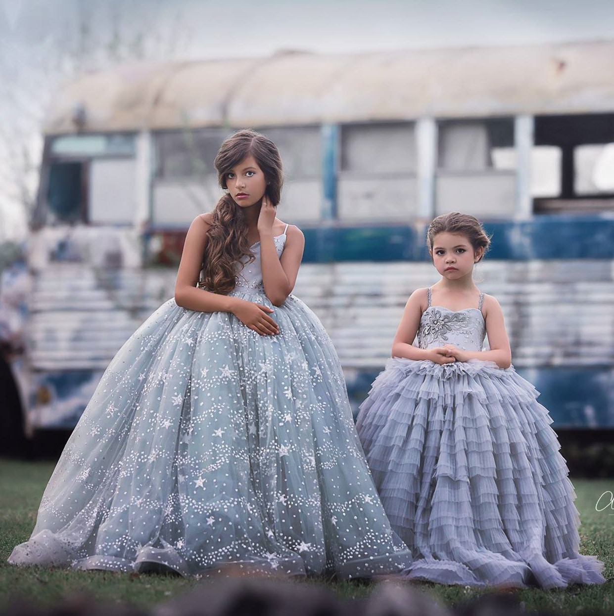 Grey Lace Tulle  Flower Girl Dress