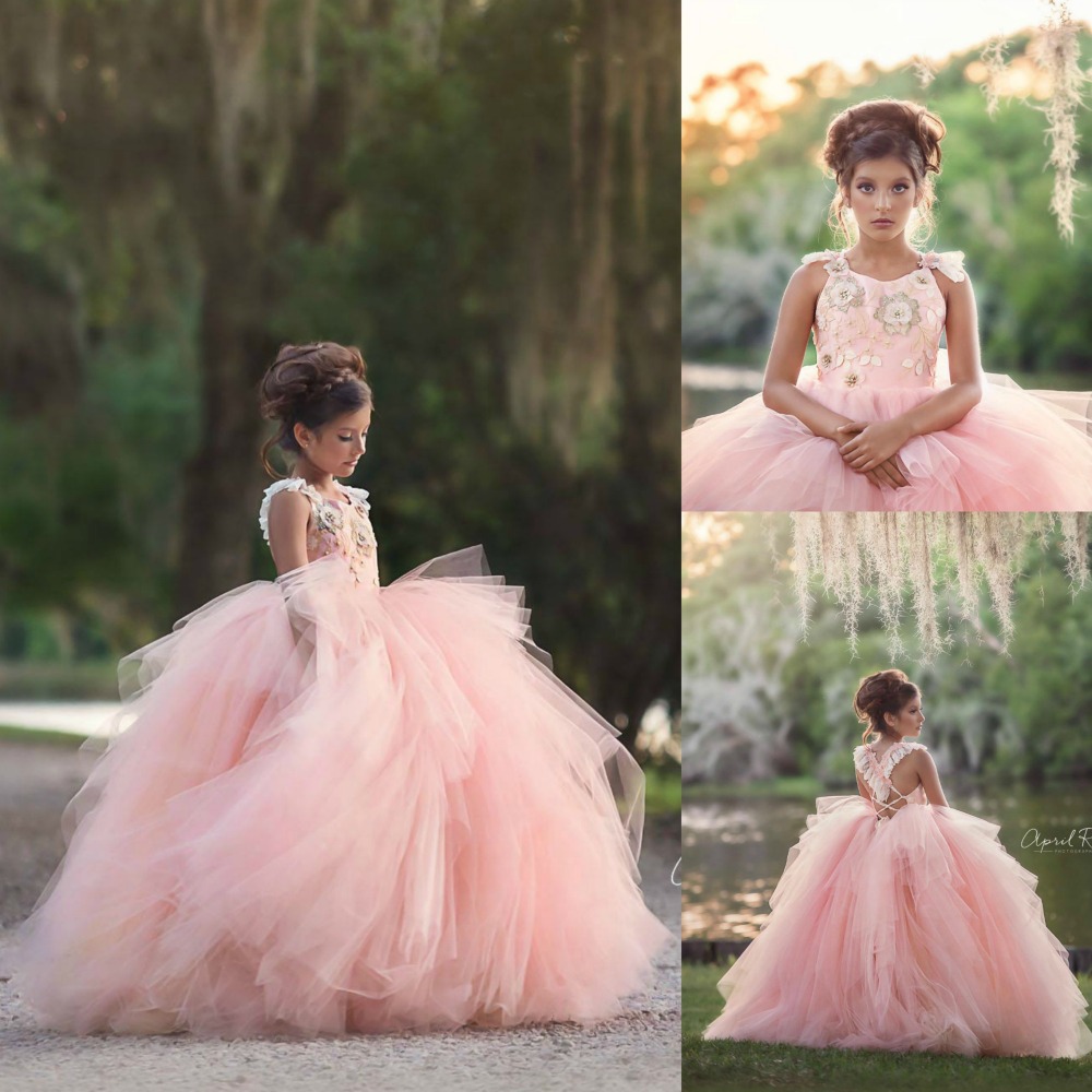Pink Lace Tulle Pageant Girls Party Dress Flower Girl Dress