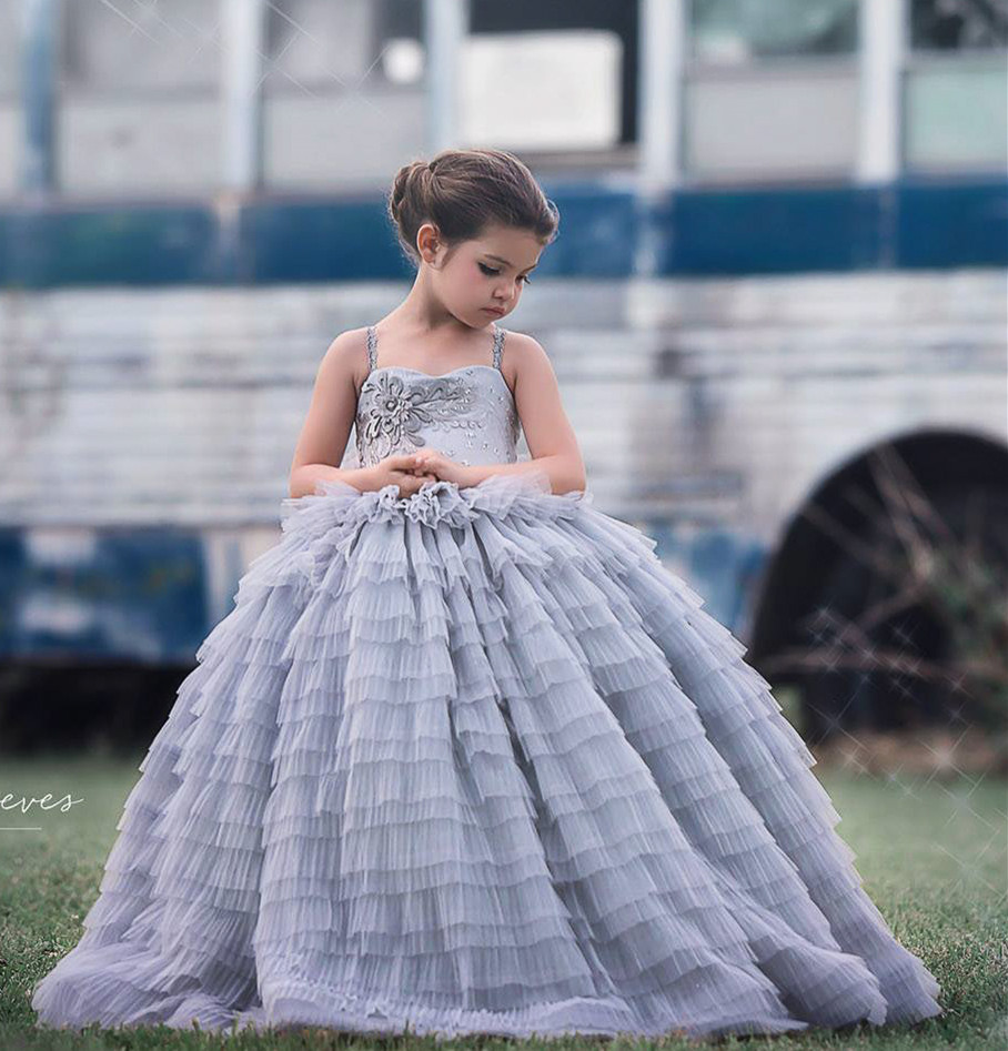 Grey Lace Tulle  Flower Girl Dress