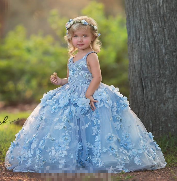 Blue Lace Tulle Pageant Girls Party Dress Flower Girl Dress