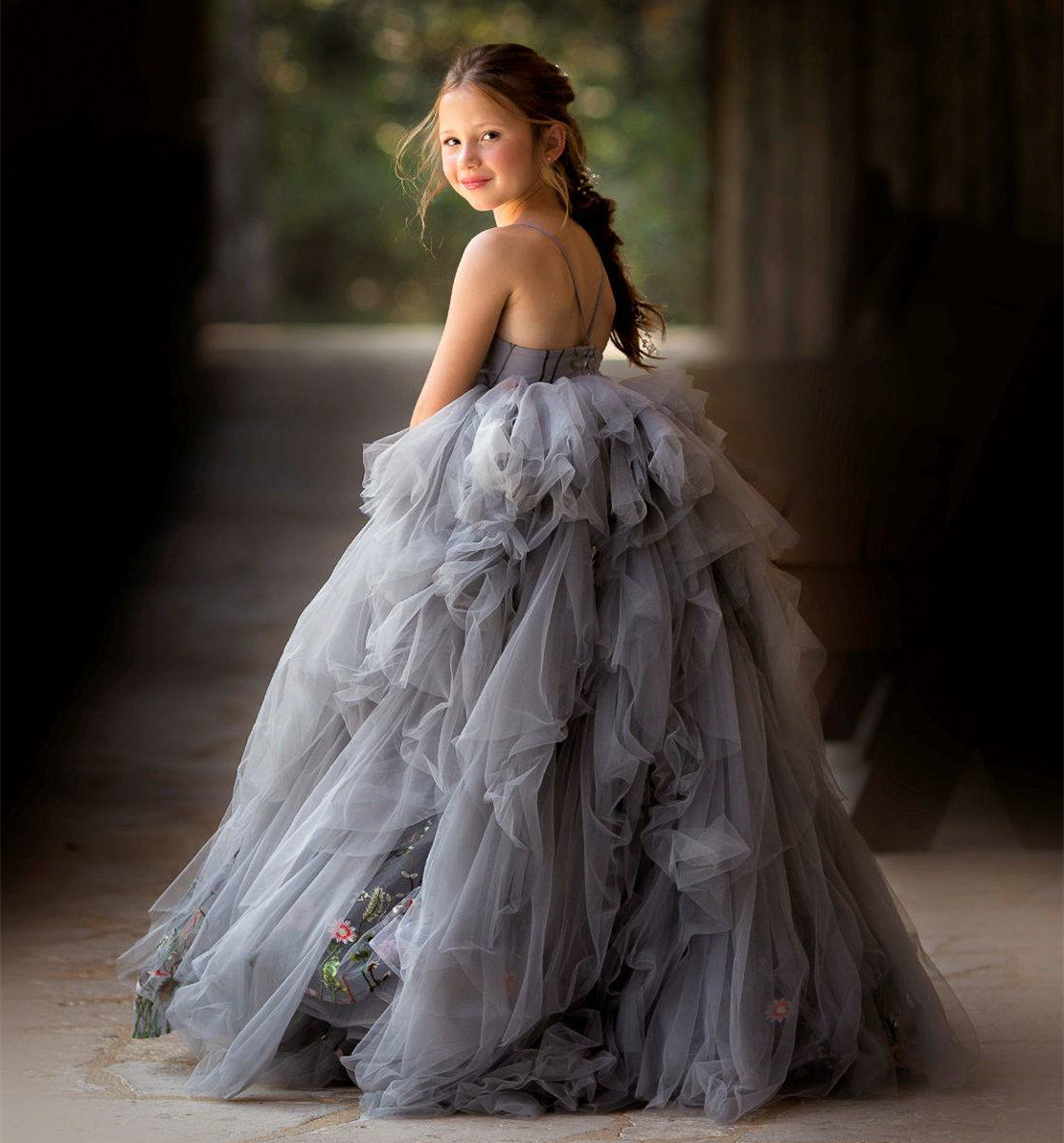 Grey Blue Mother And Kids Dress Prom Dress