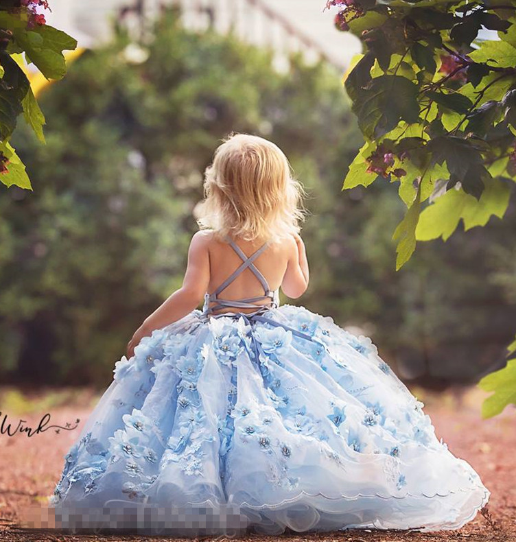 Blue Lace Tulle Pageant Girls Party Dress Flower Girl Dress