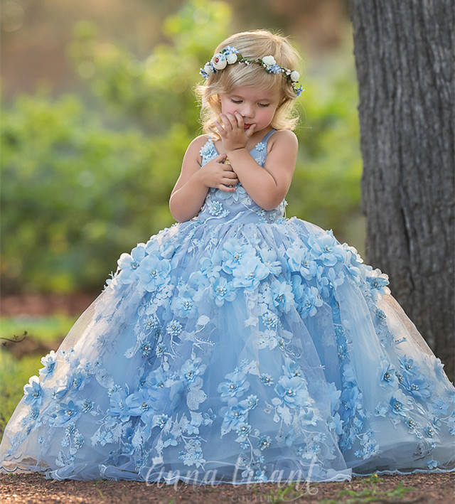 Blue Lace Tulle Pageant Girls Party Dress Flower Girl Dress