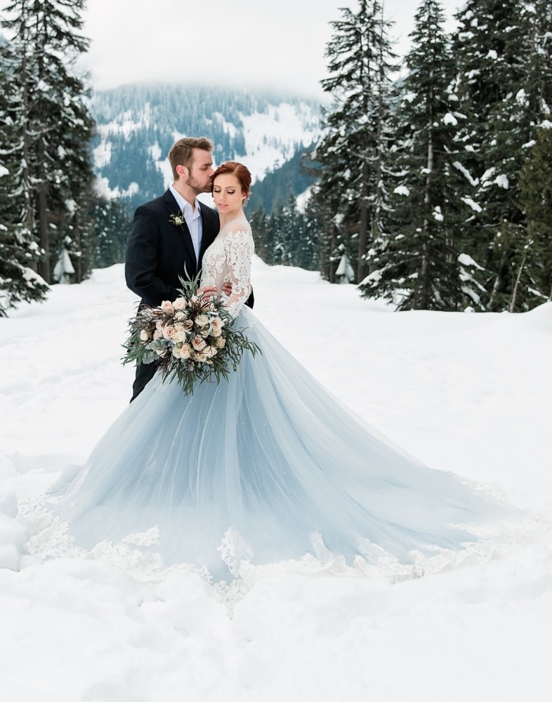 Mauve/Grey Blue  Long Train Wedding Dress Bridal Gown