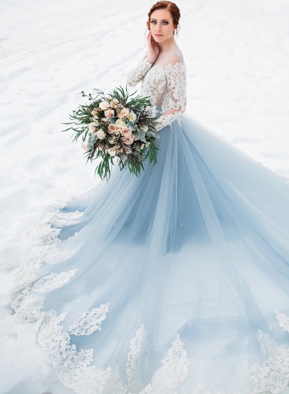 Mauve/Grey Blue  Long Train Wedding Dress Bridal Gown