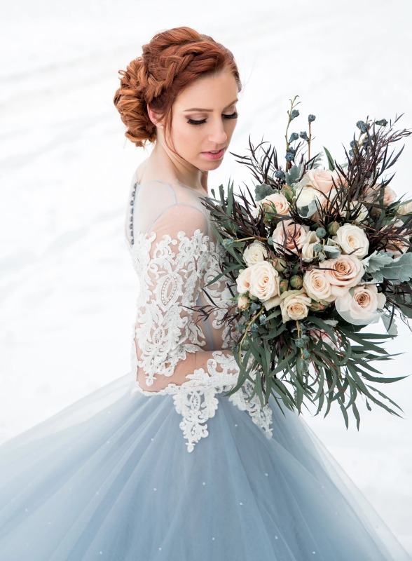 Mauve/Grey Blue  Long Train Wedding Dress Bridal Gown