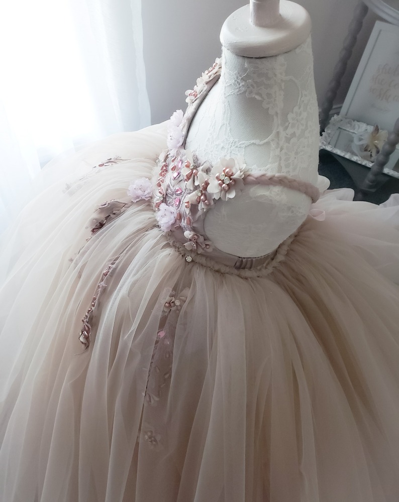 Mauve Lace Tulle Full Length Pageant Girls Party Dress Flower Girl Dress
