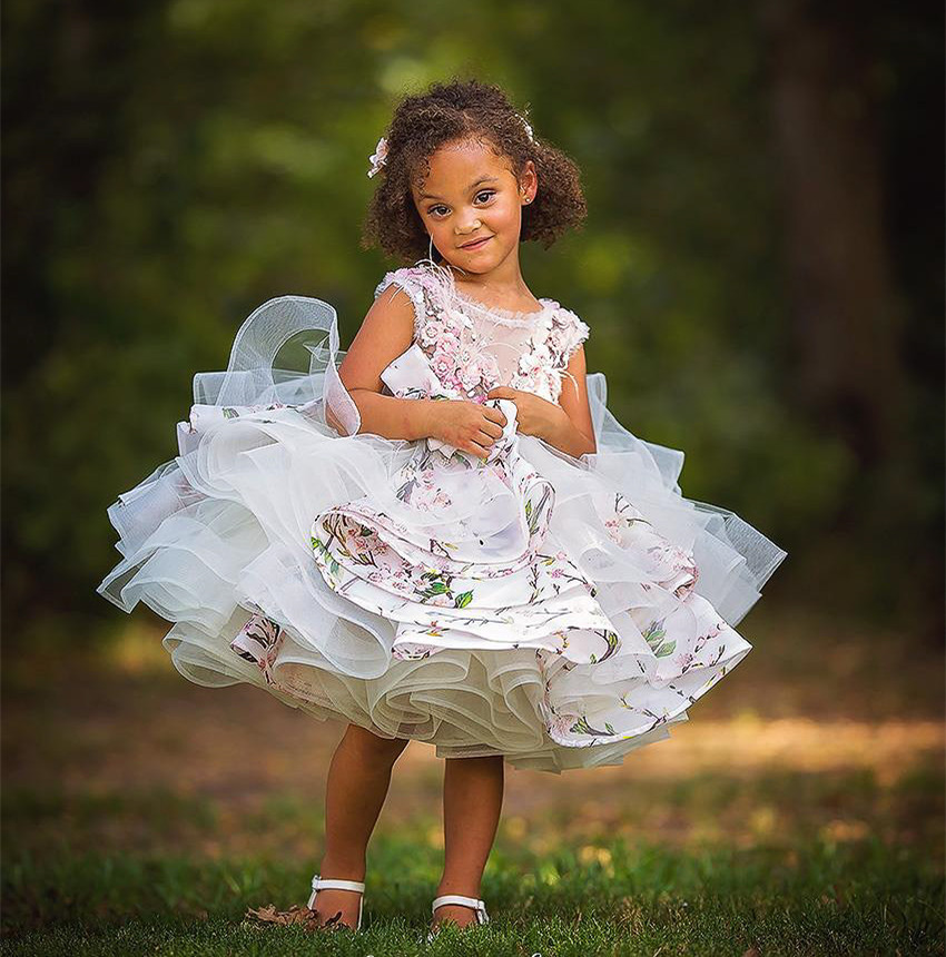 Lace Tulle Knee Length Pageant Girls Party Dress Flower Girl Dress