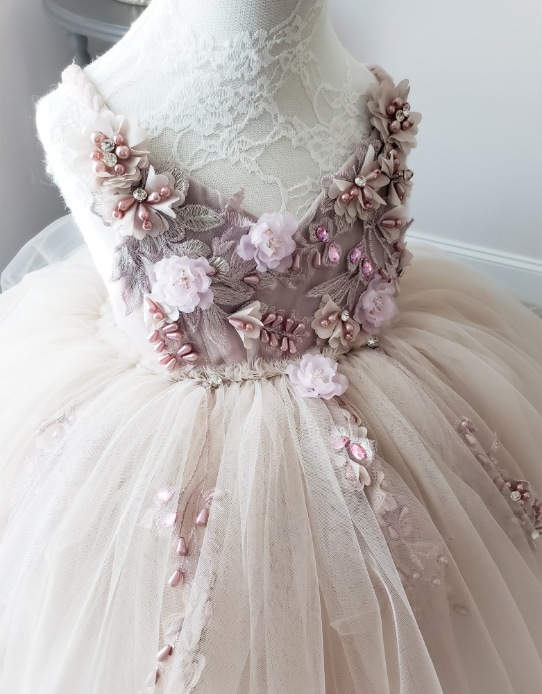 Mauve Lace Tulle Full Length Pageant Girls Party Dress Flower Girl Dress