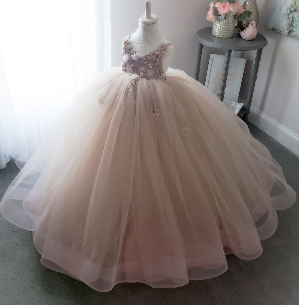 Mauve Lace Tulle Full Length Pageant Girls Party Dress Flower Girl Dress