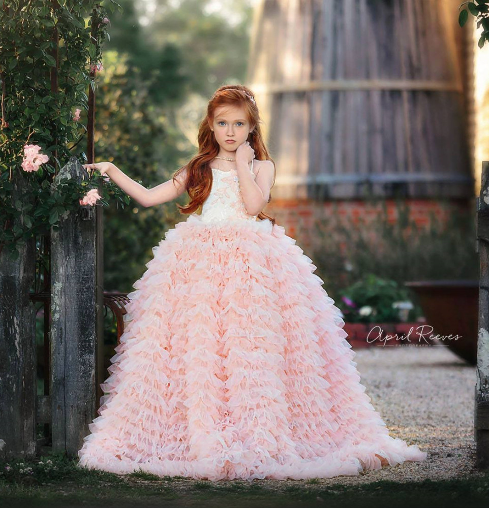 Lace Tulle Full Length Pageant Girls Party Dress Flower Girl Dress