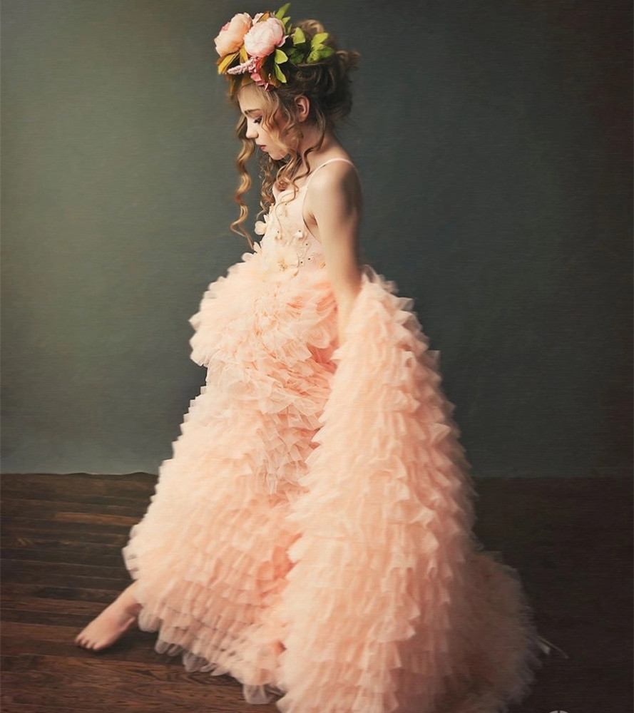 Lace Tulle Full Length Pageant Girls Party Dress Flower Girl Dress