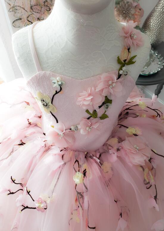 Pink Lace Tulle Full Length Pageant Girls Party Dress Flower Girl Dress