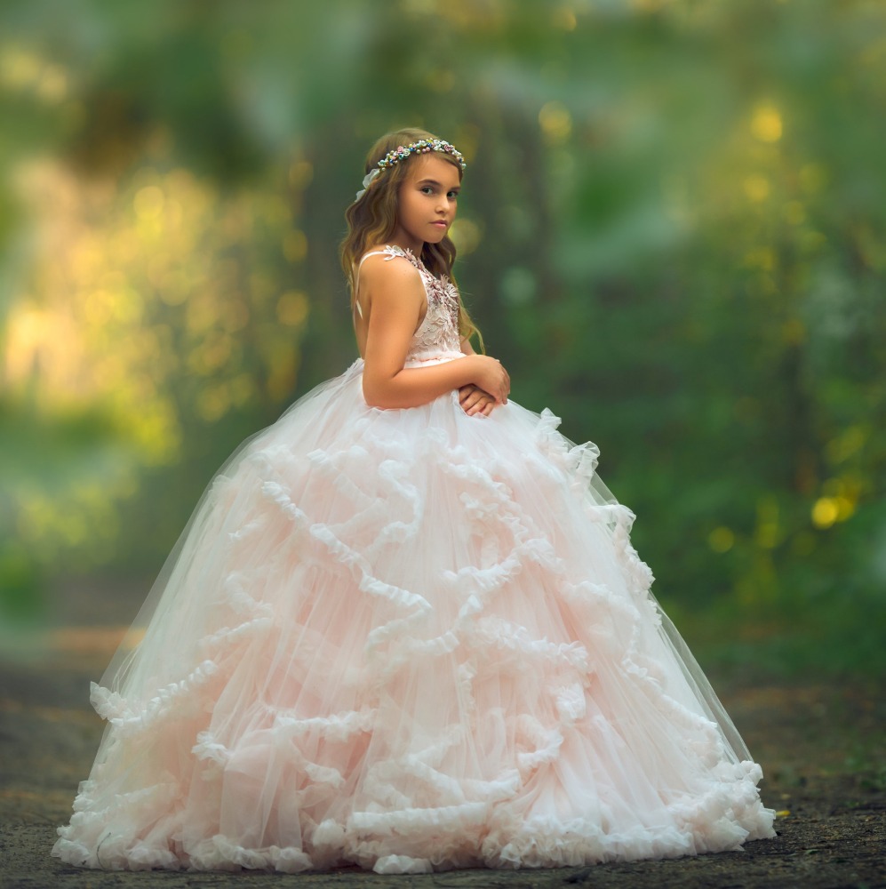 Light Pink Lace Tulle Full Length Pageant Girls Party Dress Flower Girl Dress