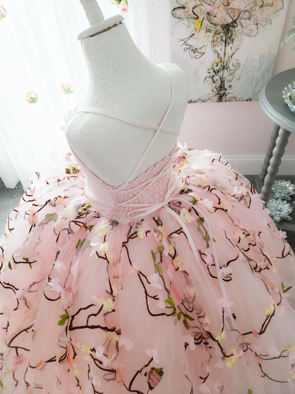 Pink Lace Tulle Full Length Pageant Girls Party Dress Flower Girl Dress