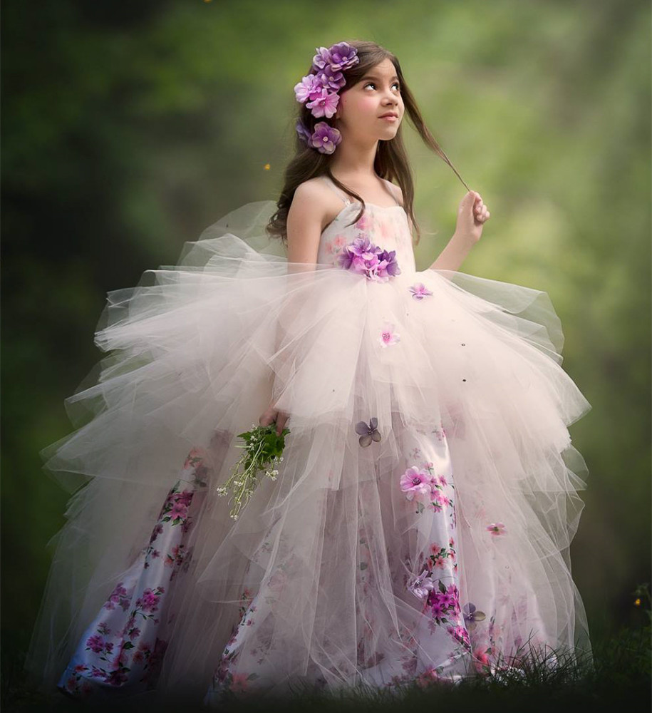 Satin Tulle Full Length Pageant Girls Party Dress Flower Girl Dress