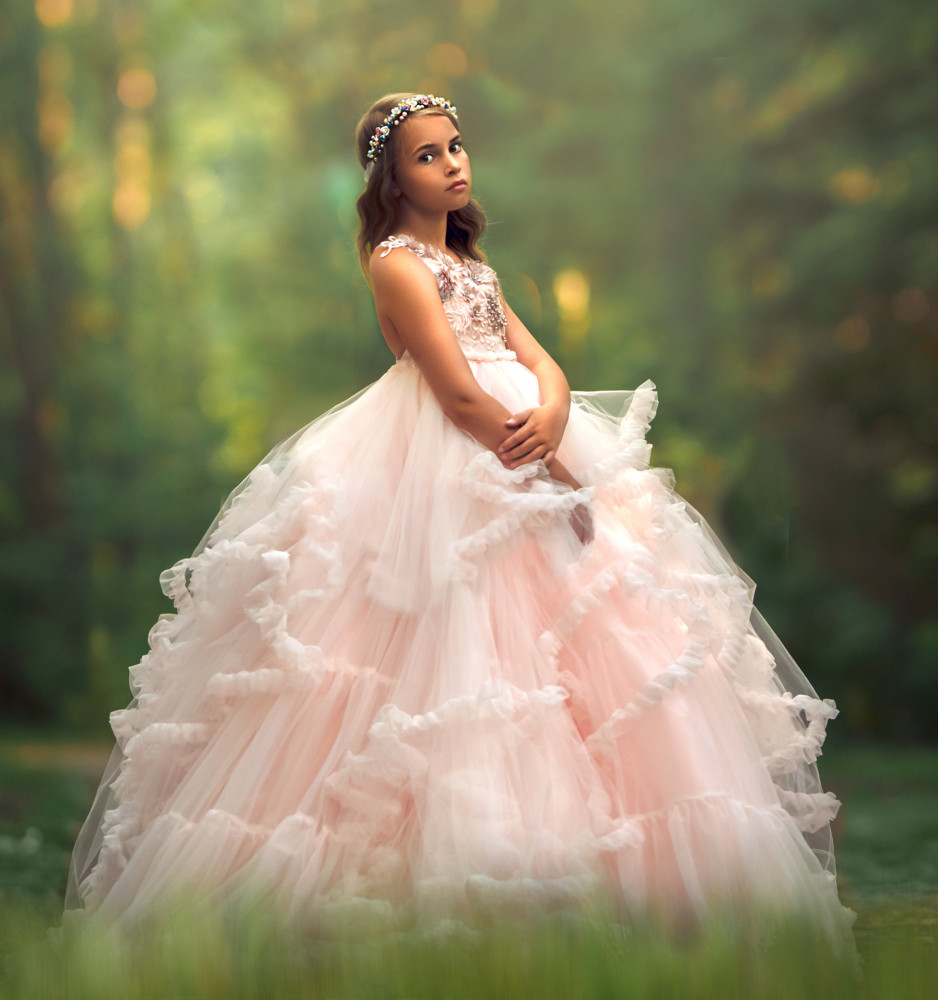 Light Pink Lace Tulle Full Length Pageant Girls Party Dress Flower Girl Dress