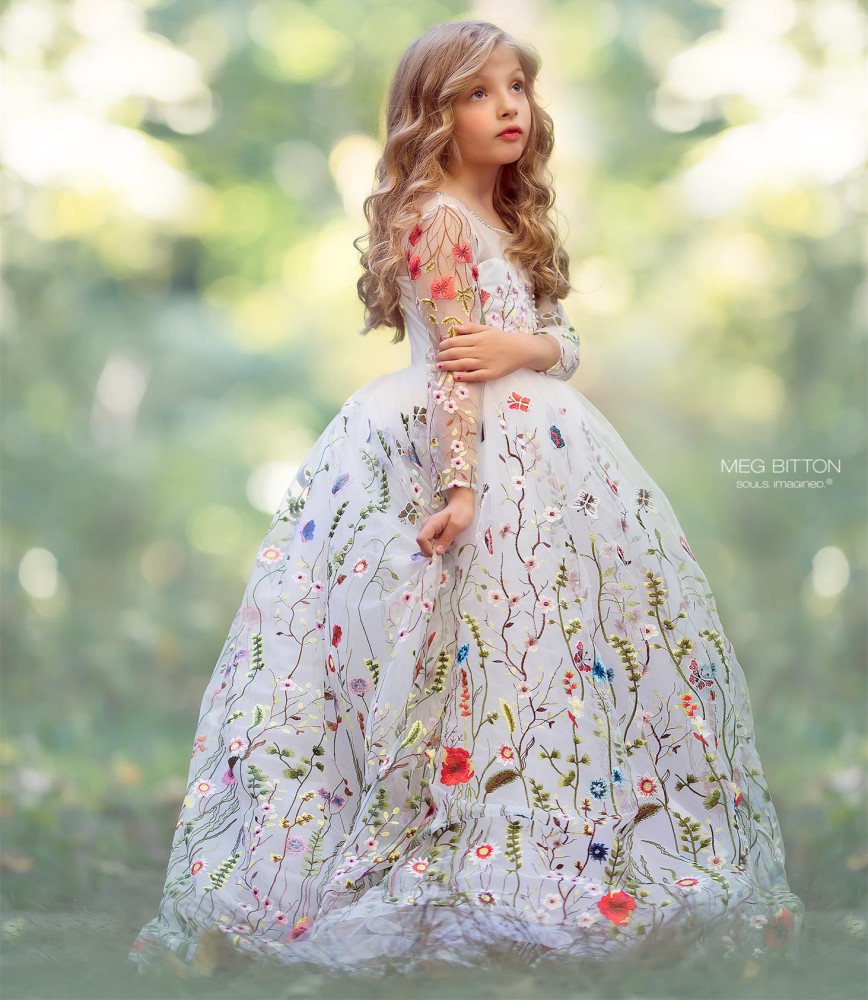 Lace Tulle Full Length Pageant Girls Party Dress Flower Girl Dress