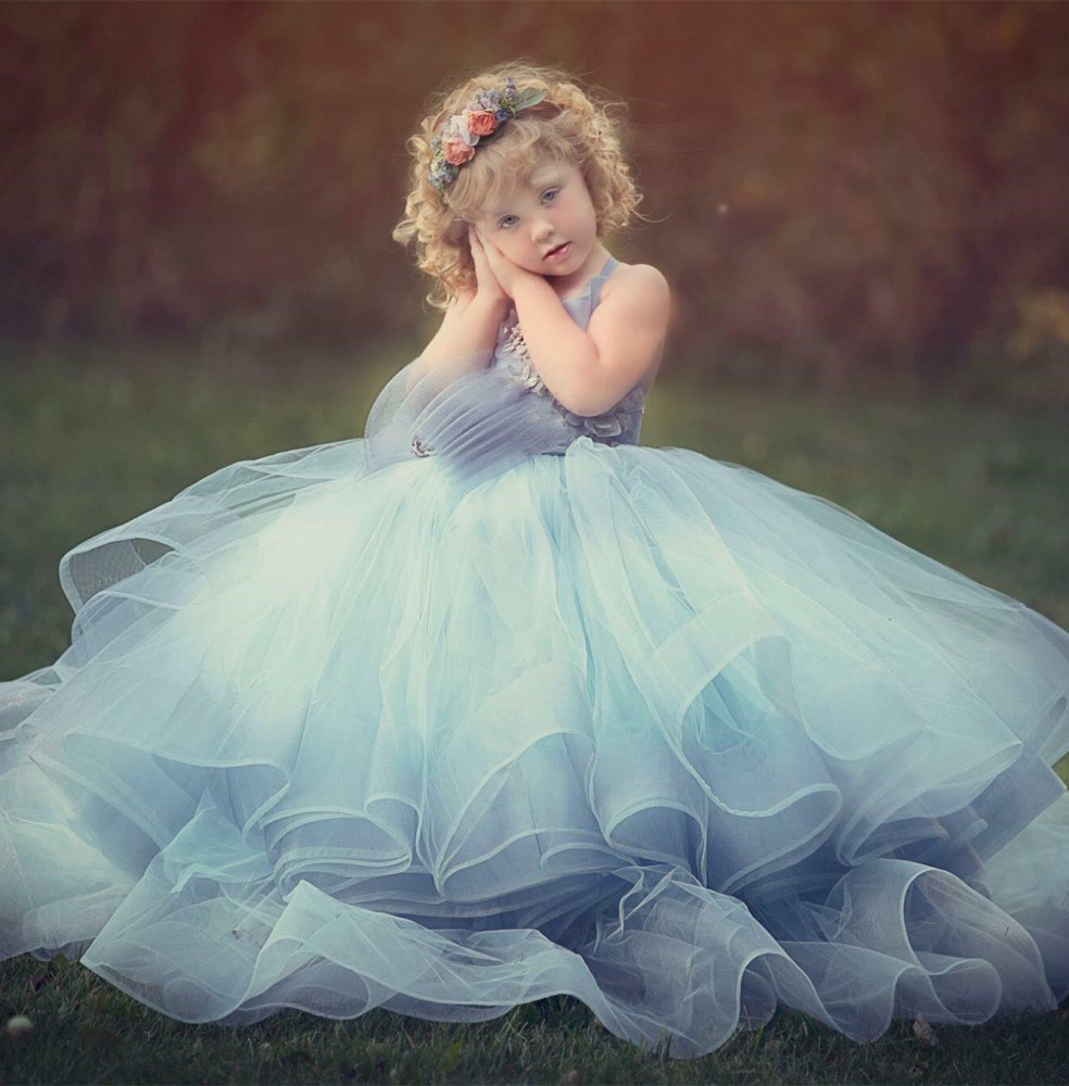 Lace Tulle Full Length Pageant Girls Party Dress Flower Girl Dress