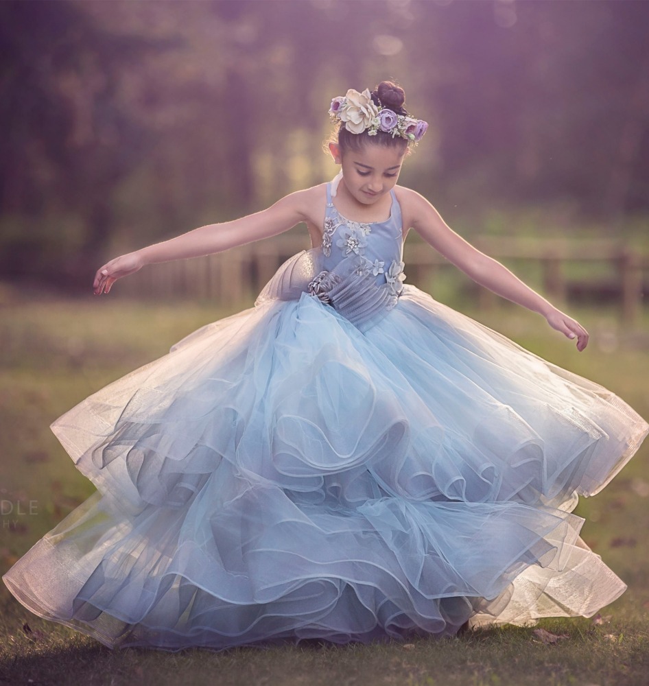 Lace Tulle Full Length Pageant Girls Party Dress Flower Girl Dress