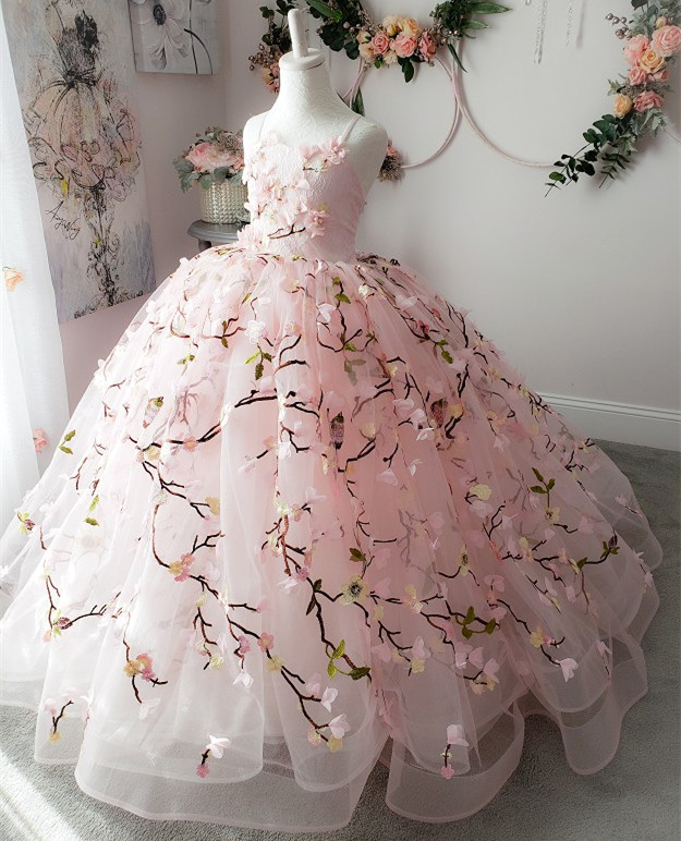 Pink Lace Tulle Full Length Pageant Girls Party Dress Flower Girl Dress