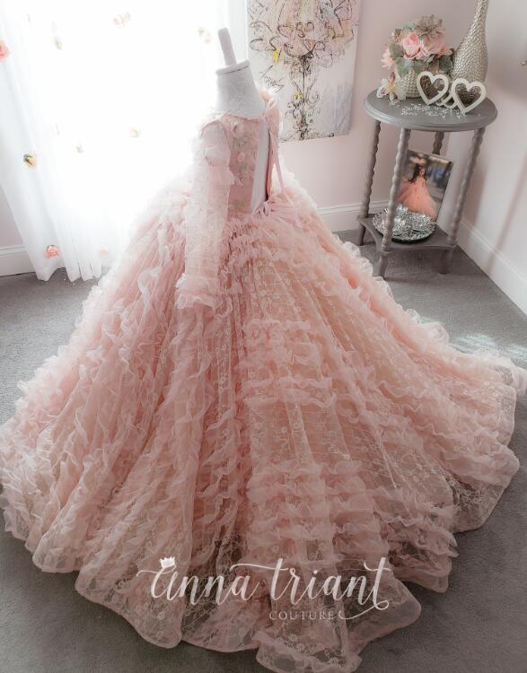 Pink Lace Tulle Short Pageant Girls Party Dress Flower Girl Dress