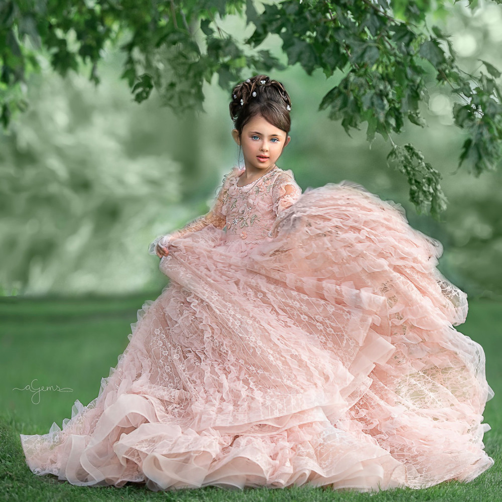 Pink Lace Tulle Short Pageant Girls Party Dress Flower Girl Dress