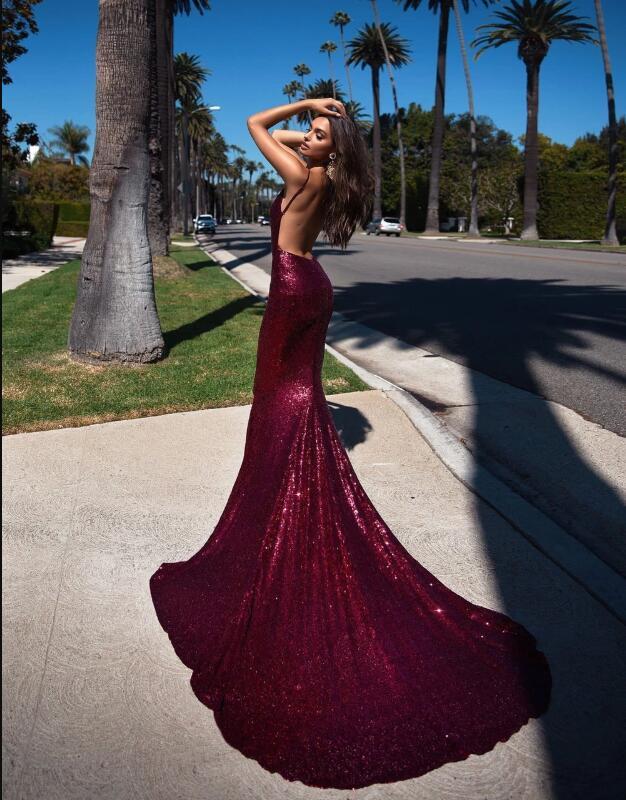 Burgundy Sequin Short Train Mermaid Prom Dress