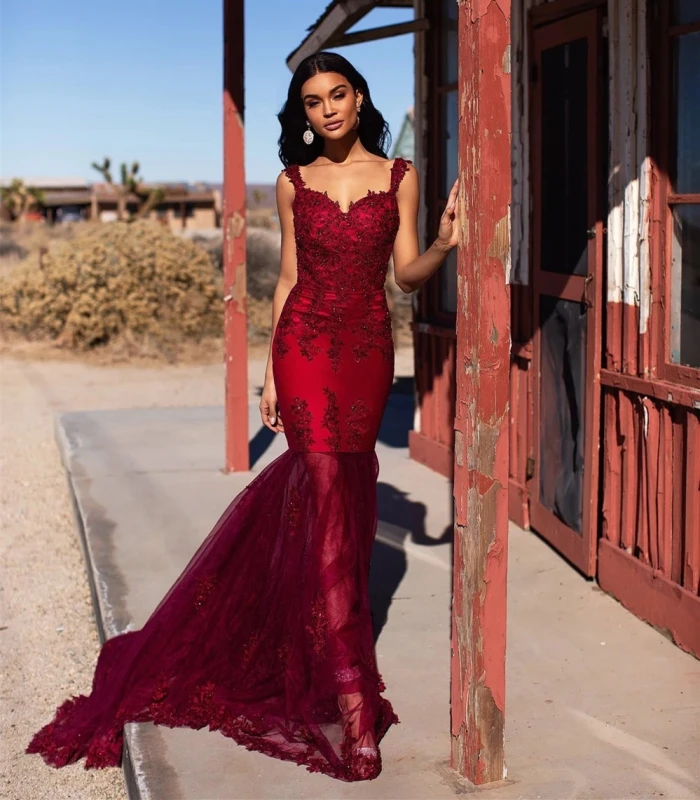 Red Lace Tulle Mermaid Short Train  Prom Dress