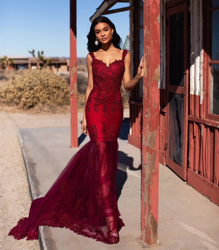 Red Lace Tulle Mermaid Short Train  Prom Dress