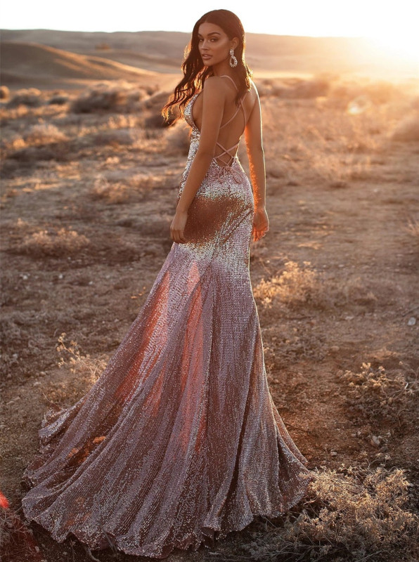 Rose Gold Sequin Short Train Mermaid Prom Dress