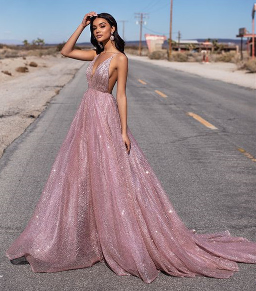 Mauve Sequin Short Train Prom Dress