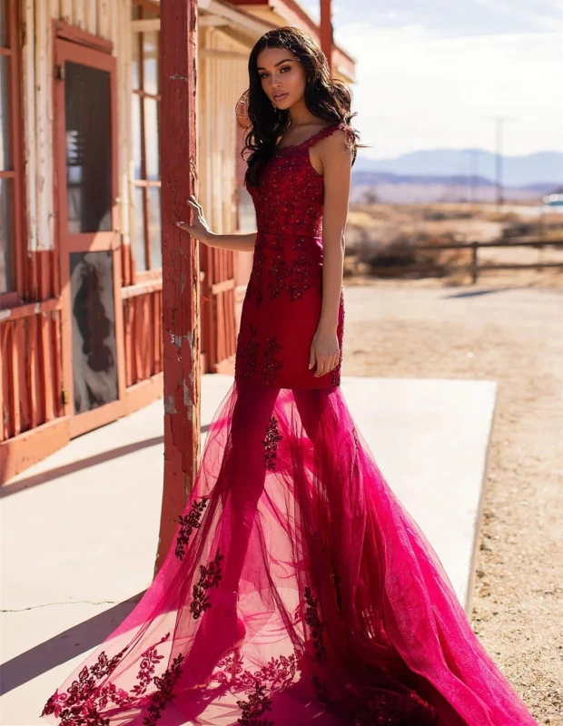 Red Lace Tulle Mermaid Short Train  Prom Dress