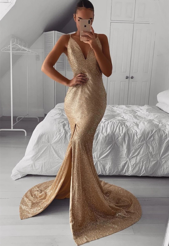 Gold Sequin Short Train Mermaid Sexy Prom Dress
