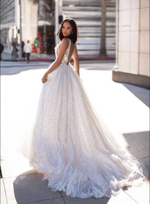 Ivory Lace Sequin Short Train Prom Dress