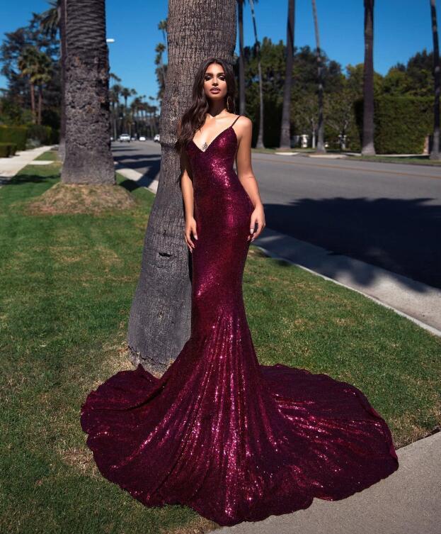 Burgundy Sequin Short Train Mermaid Prom Dress