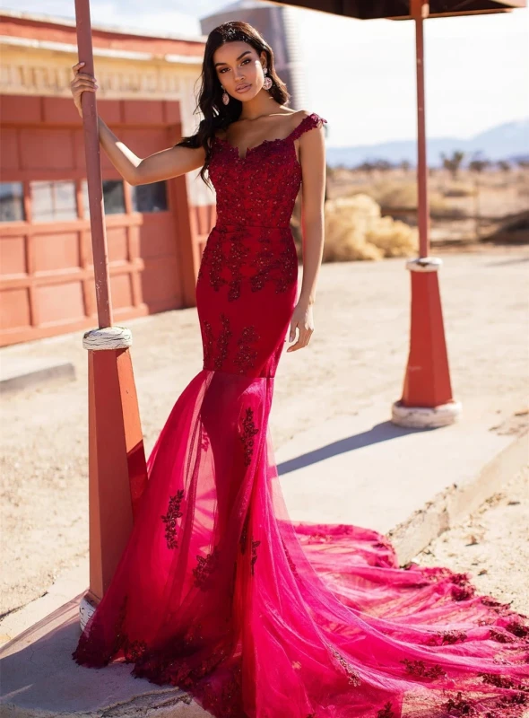 Red Lace Tulle Mermaid Short Train  Prom Dress