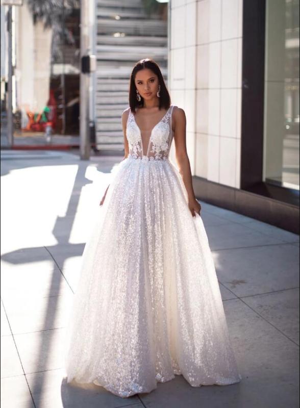Ivory Lace Sequin Short Train Prom Dress