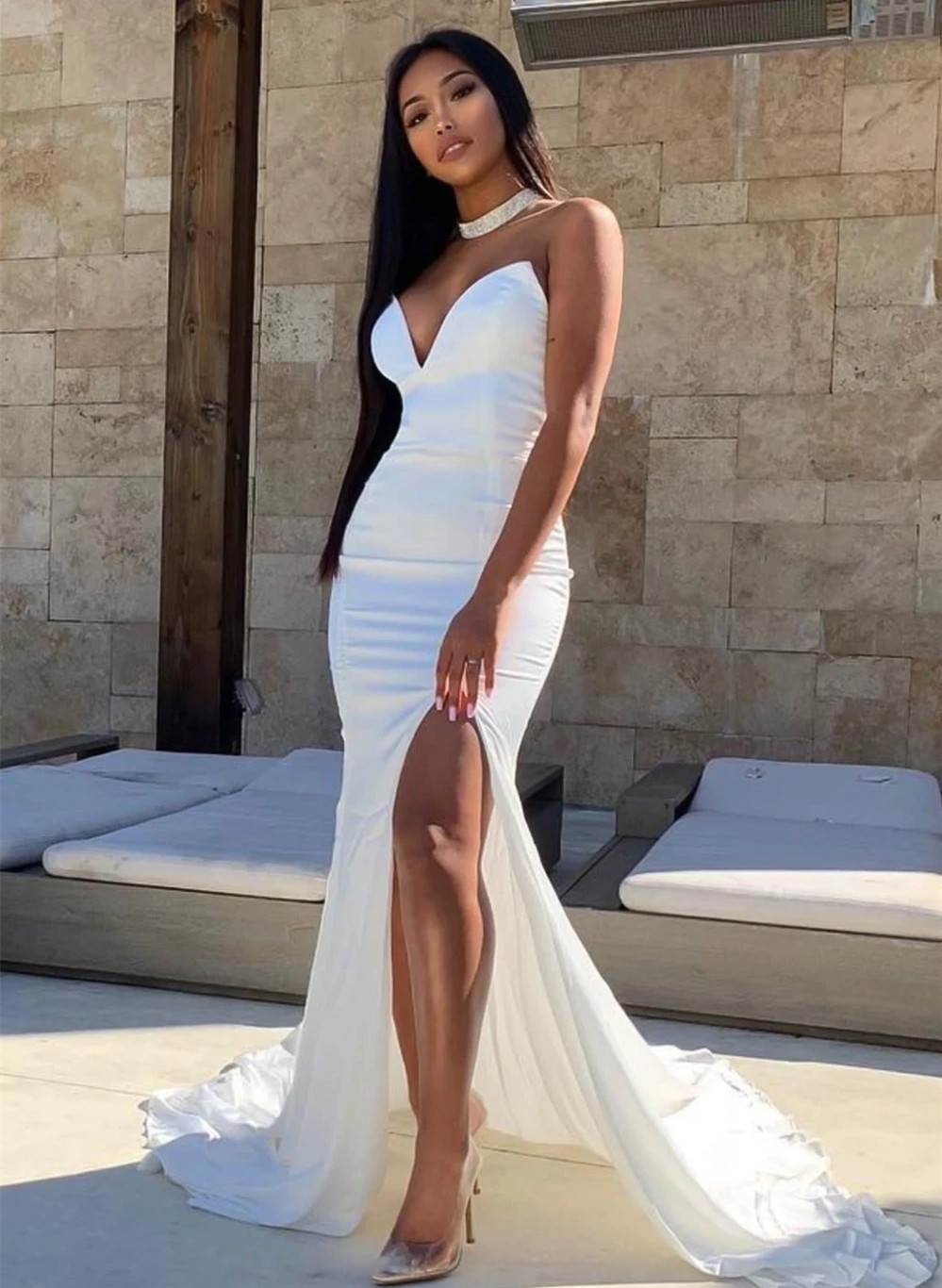 White Short Train Mermaid Prom Dress