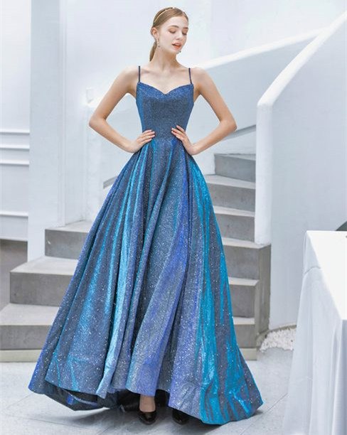Blue Sequin Short Train Prom Dress
