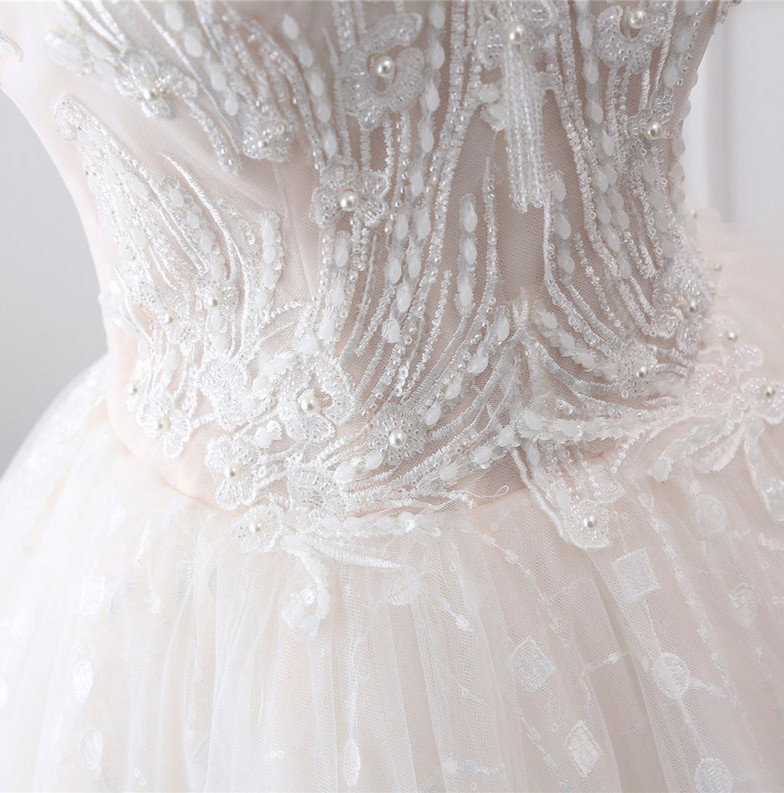 Light Champagne Lace Tulle Wedding Dress Bridal Gown