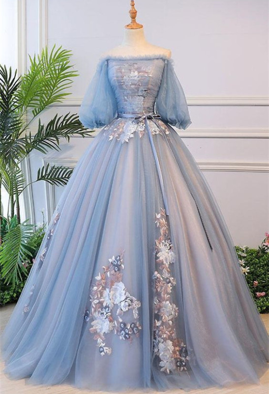 Blue Lace Tulle Short Train Prom Dress