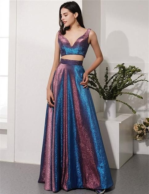 Two Pieces Sequin Short Train Prom Dress