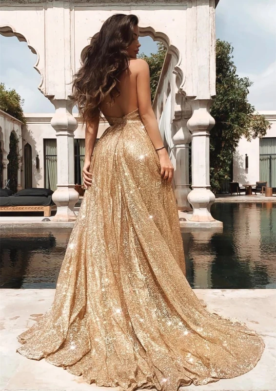 Gold Sequin Short Train Prom Dress