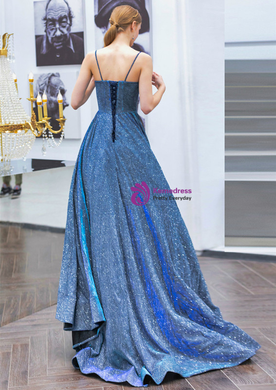 Blue Sequin Short Train Prom Dress