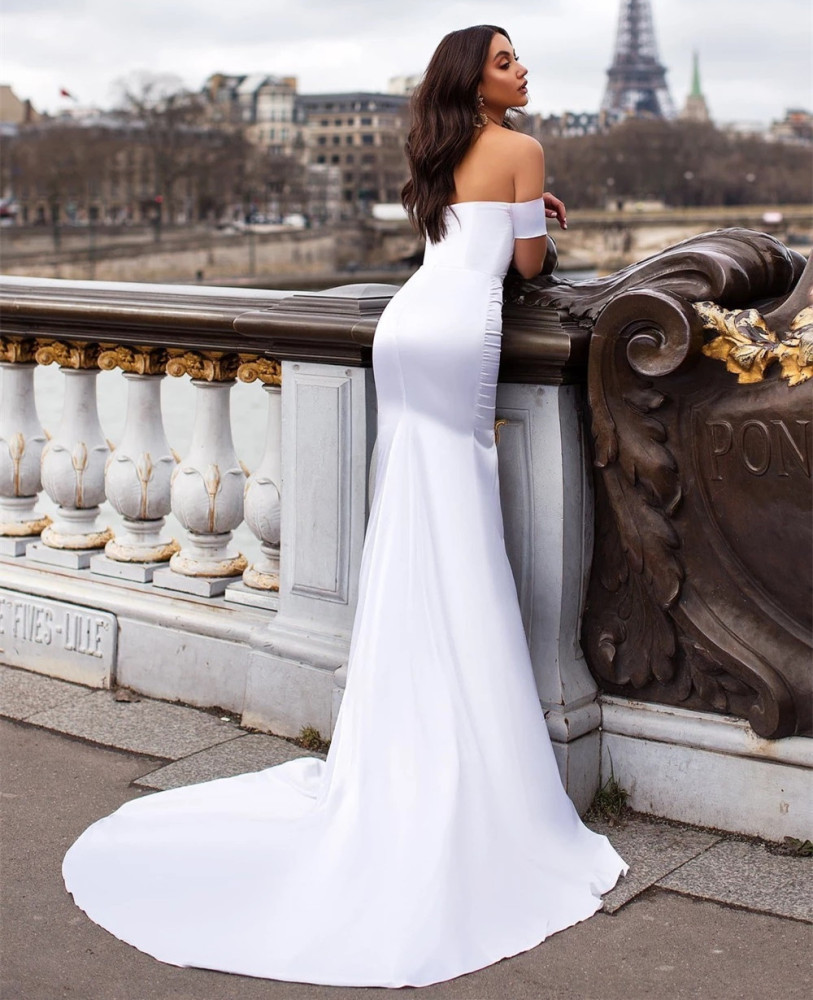 White Satin Short Train Mermaid Prom Dress